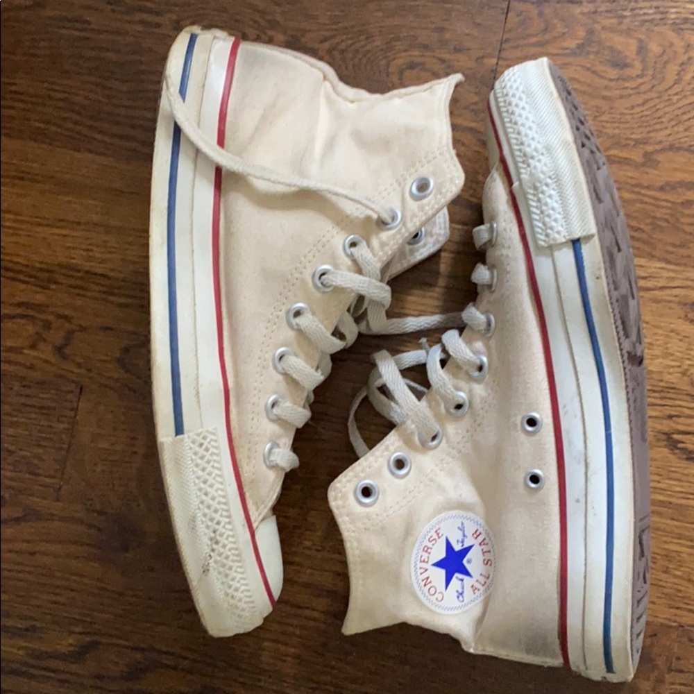 Converse Cream High-Top Sneakers with Red and Blue Stripes